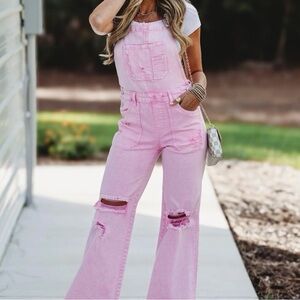 NWT Freckled Poppy x Risen Acid Pink Distressed Wide Leg Overalls Size S